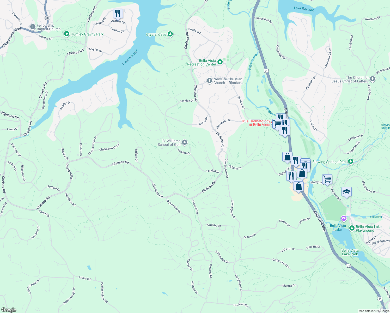 map of restaurants, bars, coffee shops, grocery stores, and more near 49 London Drive in Bella Vista