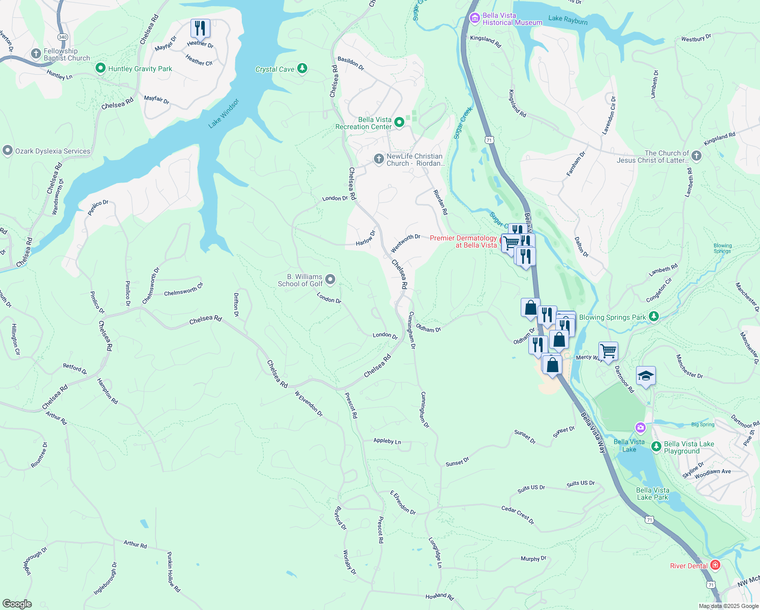 map of restaurants, bars, coffee shops, grocery stores, and more near 11 Runnymede Lane in Bella Vista