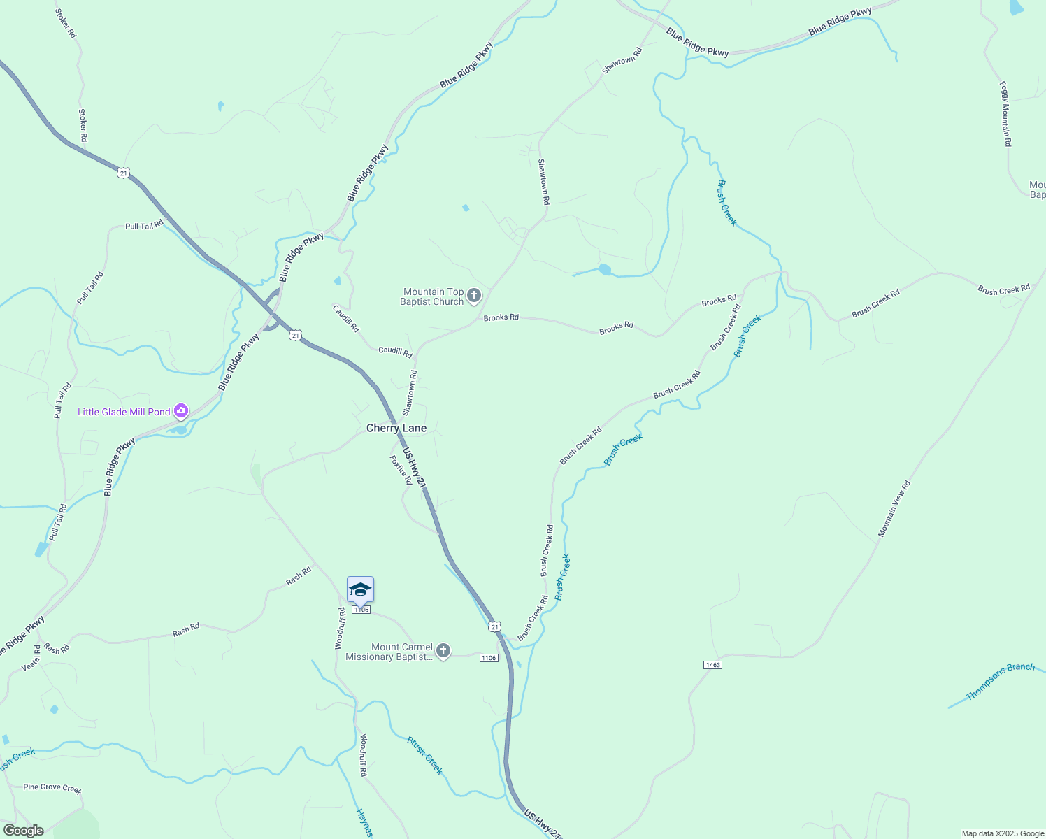 map of restaurants, bars, coffee shops, grocery stores, and more near 585 Brush Creek Road in Glade Valley