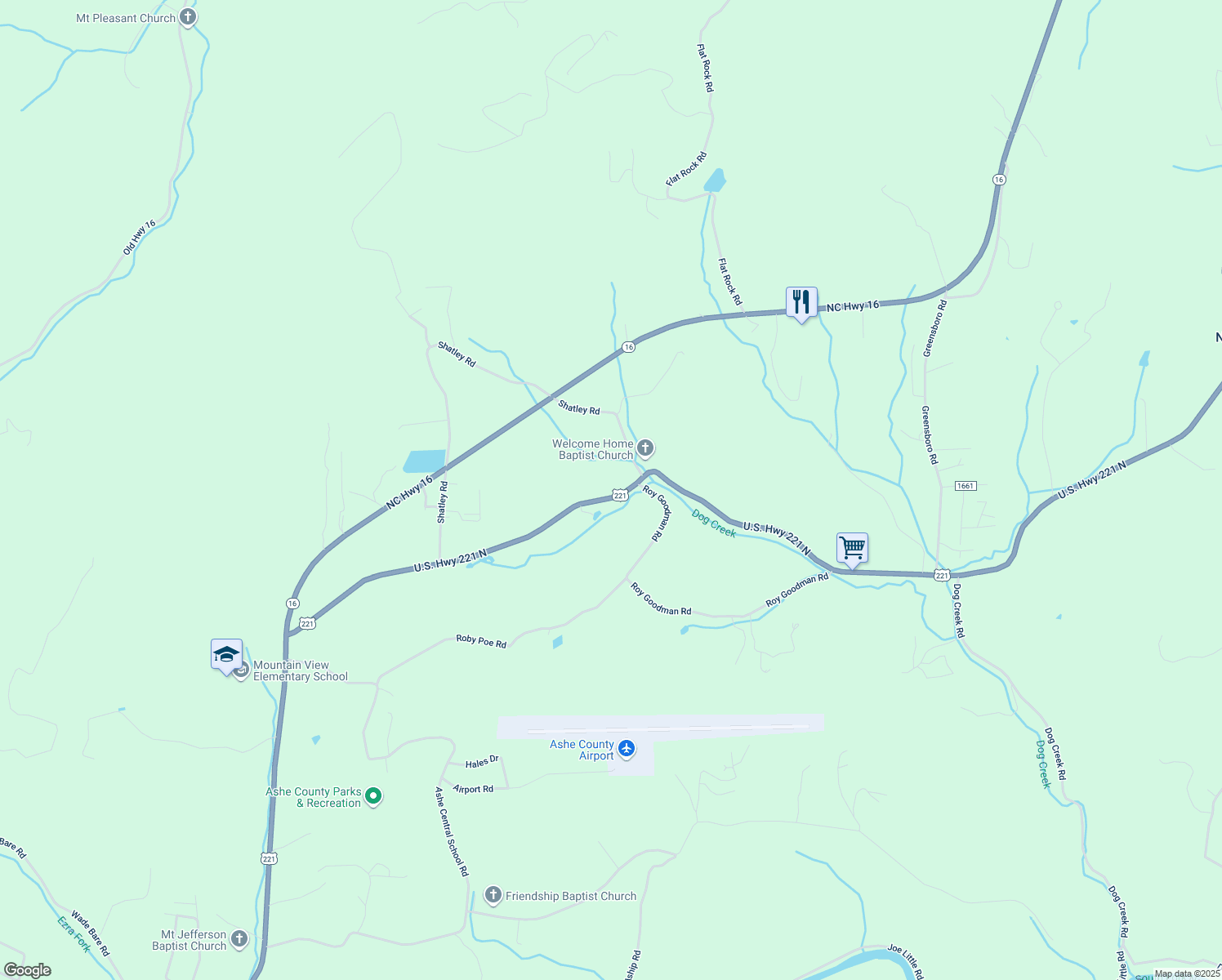 map of restaurants, bars, coffee shops, grocery stores, and more near 3945 U.S. Highway 221 North in Crumpler