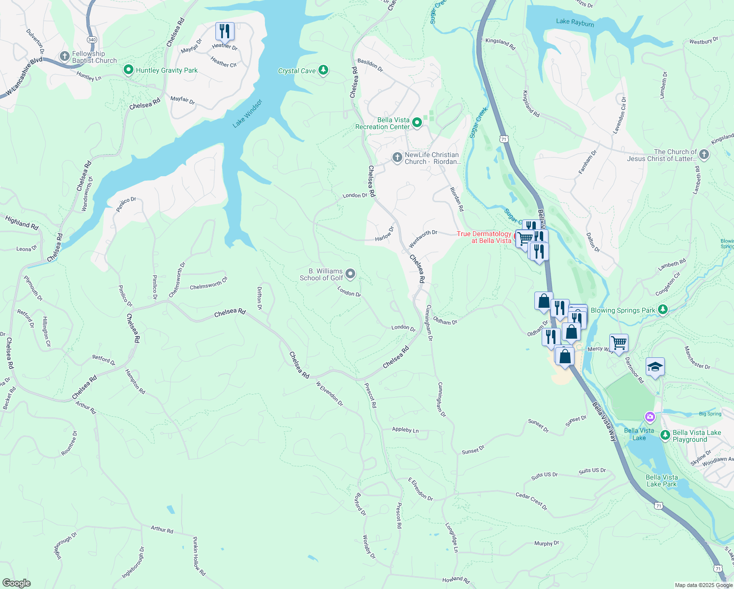 map of restaurants, bars, coffee shops, grocery stores, and more near 49 London Drive in Bella Vista