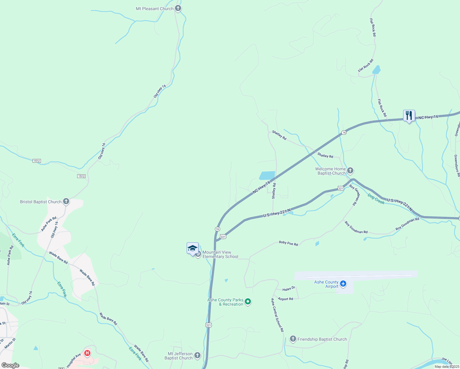 map of restaurants, bars, coffee shops, grocery stores, and more near Old Fraser Ridge in Ashe County