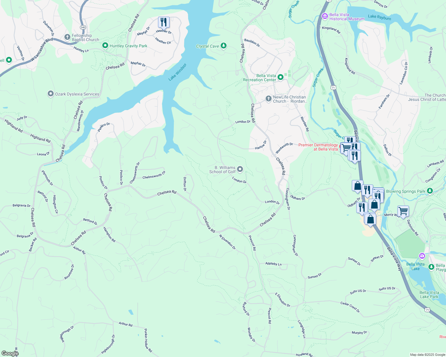 map of restaurants, bars, coffee shops, grocery stores, and more near 4 Silverton Lane in Bella Vista
