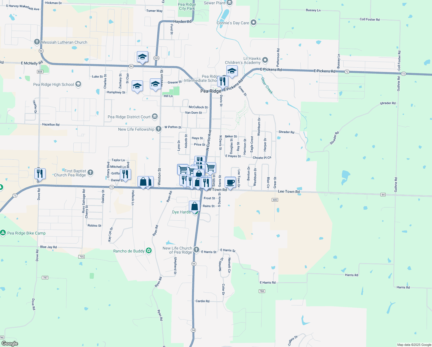 map of restaurants, bars, coffee shops, grocery stores, and more near 280 Smith St in Pea Ridge