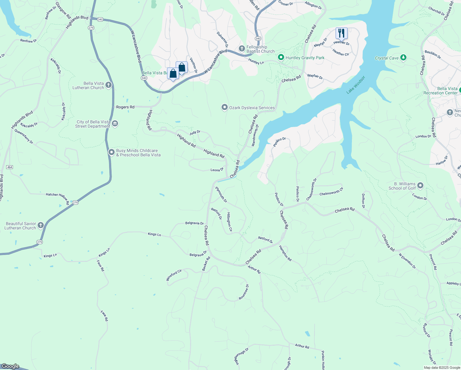 map of restaurants, bars, coffee shops, grocery stores, and more near 21 Tillingham Lane in Bella Vista
