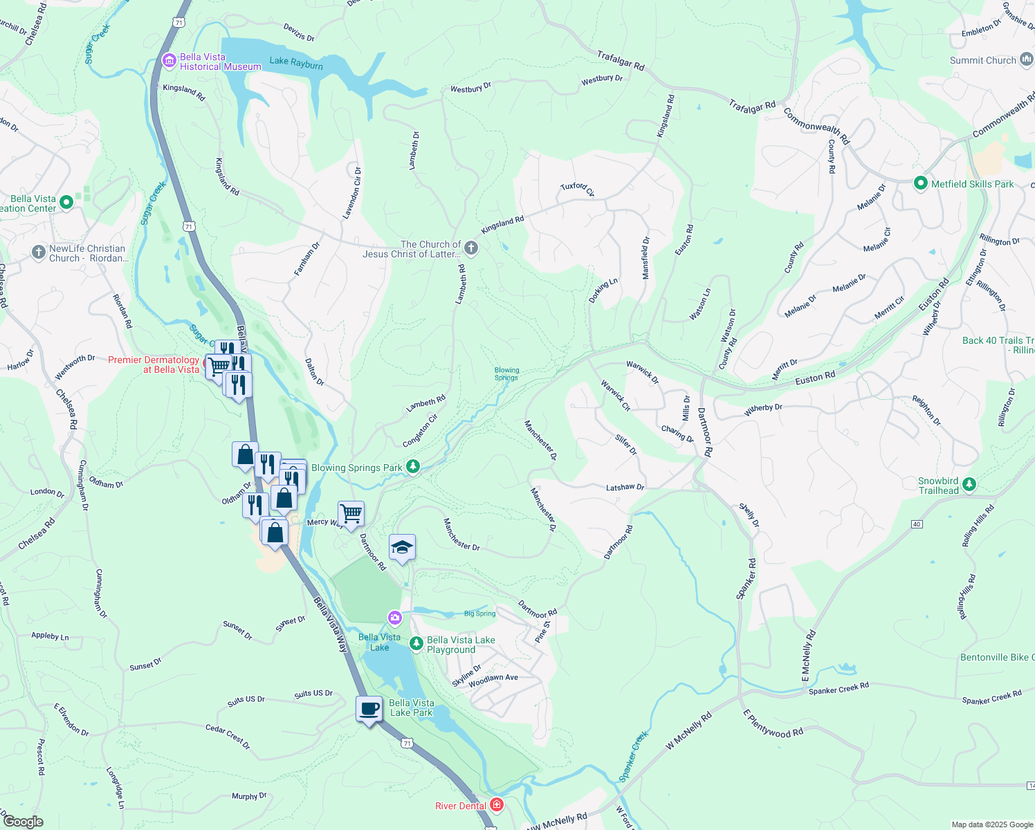 map of restaurants, bars, coffee shops, grocery stores, and more near 2 Hill Lane in Bella Vista