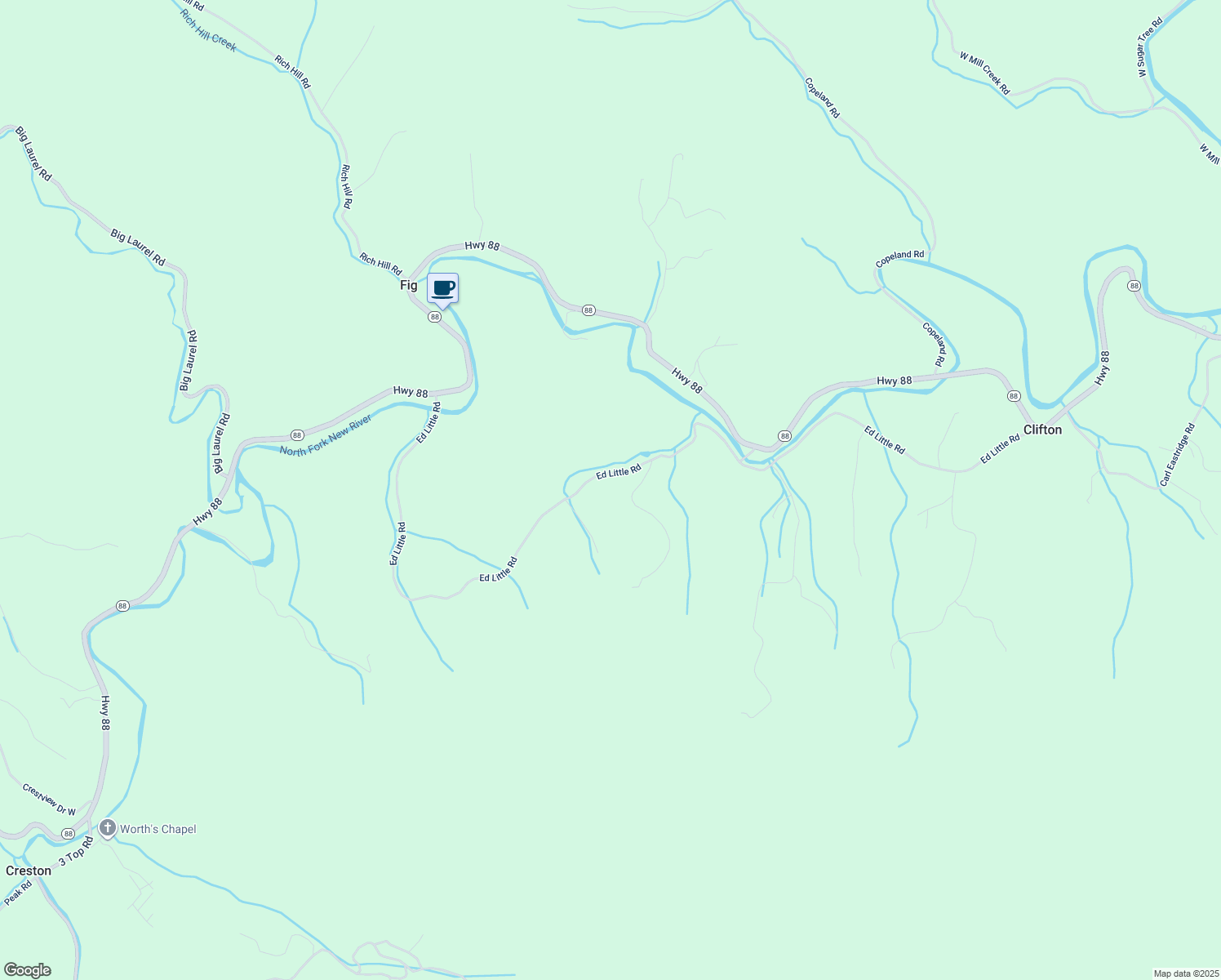map of restaurants, bars, coffee shops, grocery stores, and more near 1553 Ed Little Road in Creston