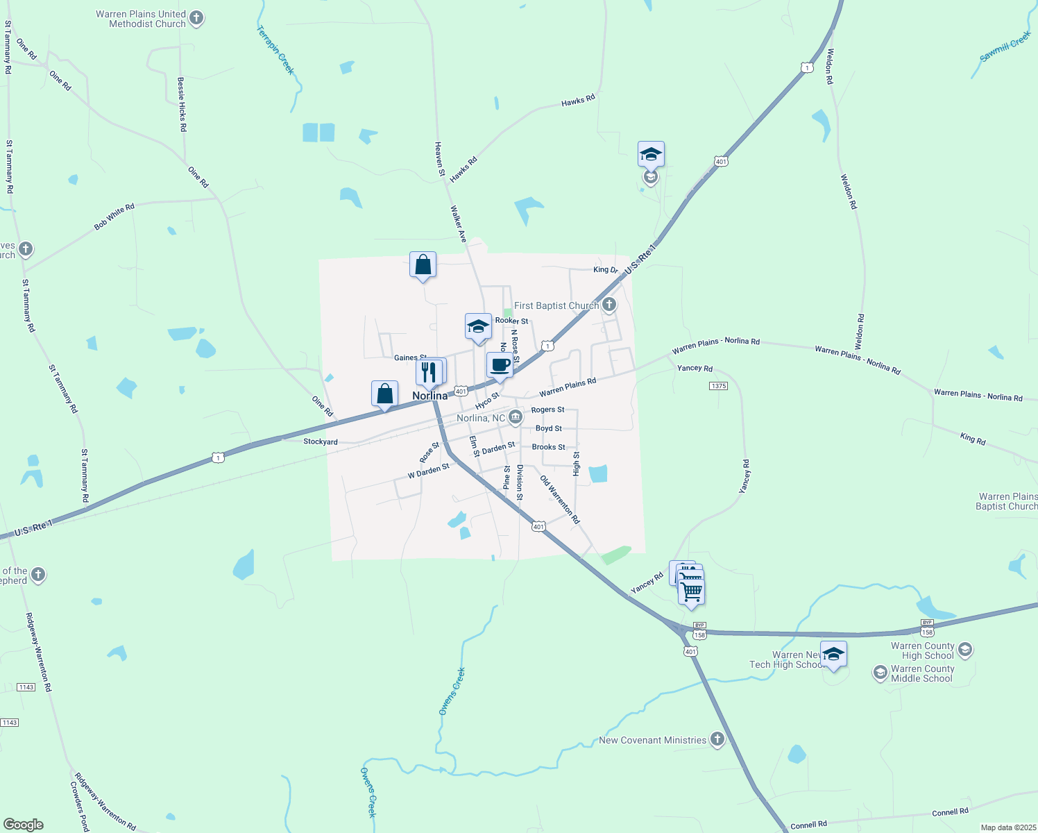 map of restaurants, bars, coffee shops, grocery stores, and more near 408 Division Street in Norlina