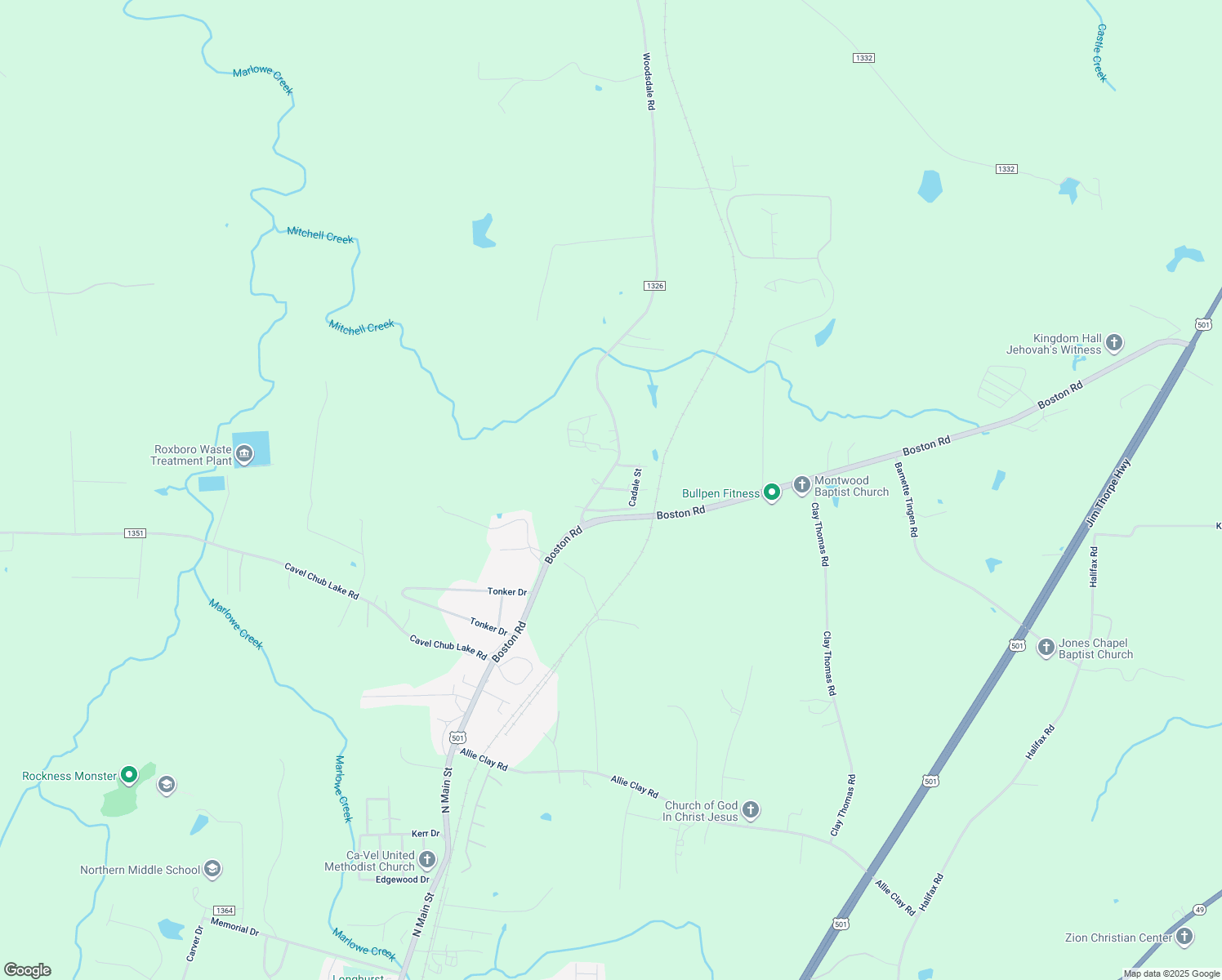 map of restaurants, bars, coffee shops, grocery stores, and more near 32 Montague Avenue in Roxboro