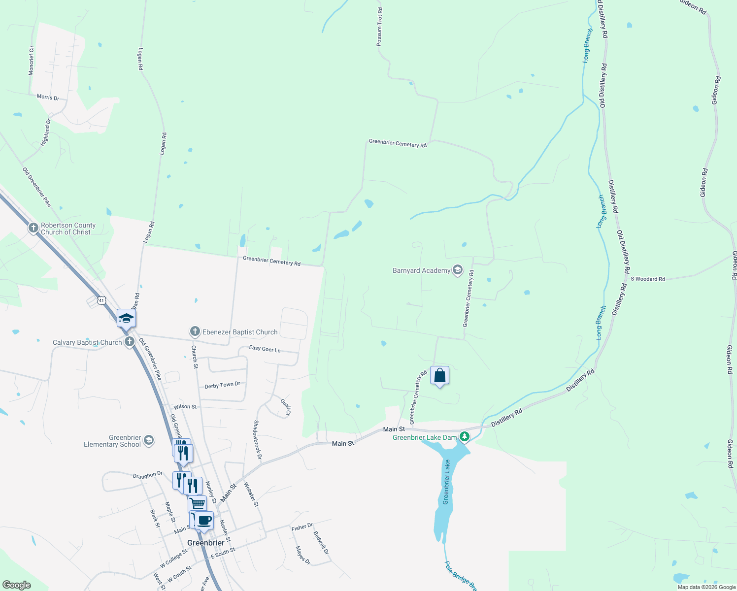 map of restaurants, bars, coffee shops, grocery stores, and more near 2686 Bellar Road in Greenbrier