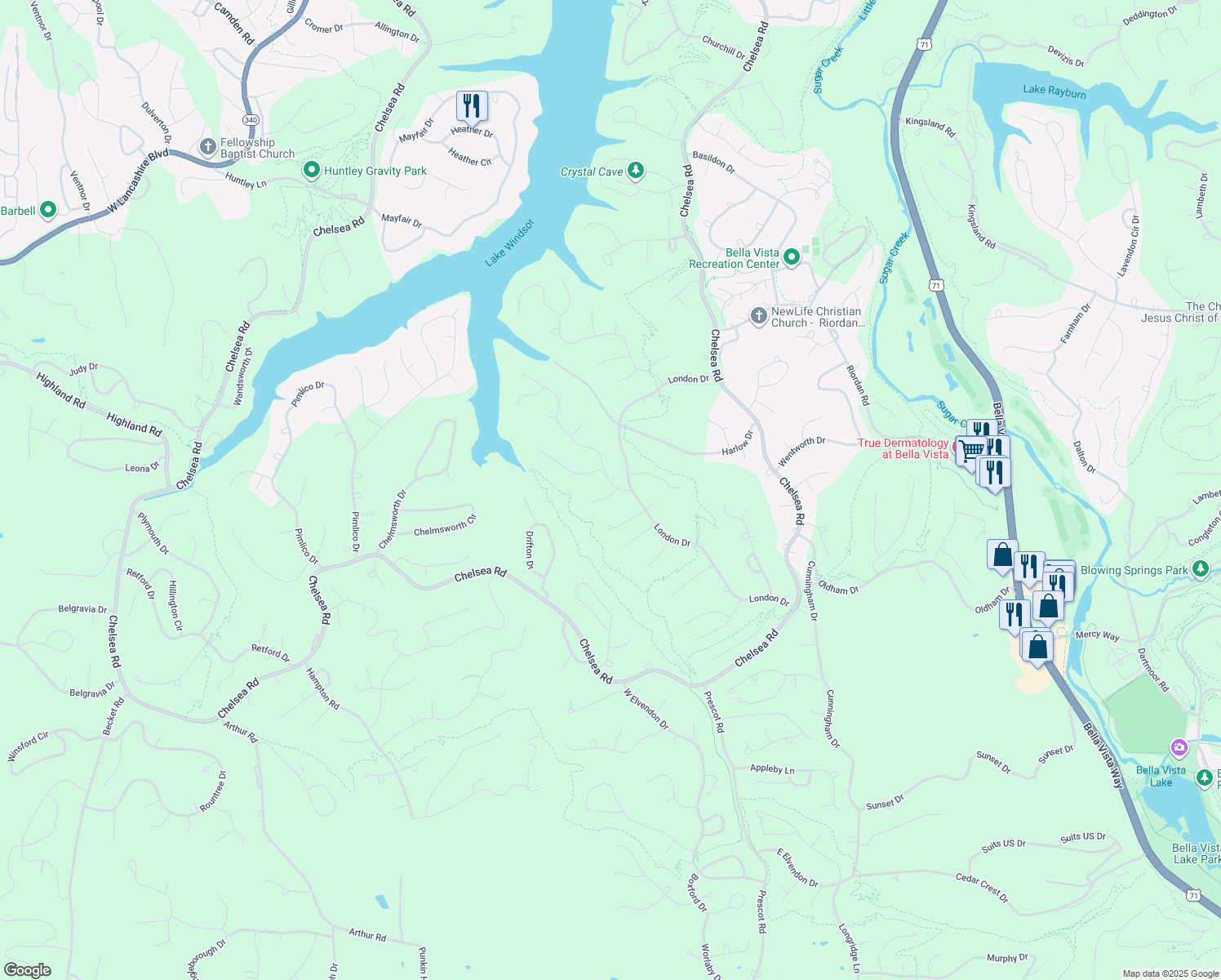 map of restaurants, bars, coffee shops, grocery stores, and more near 7 Dunsford Drive in Bella Vista