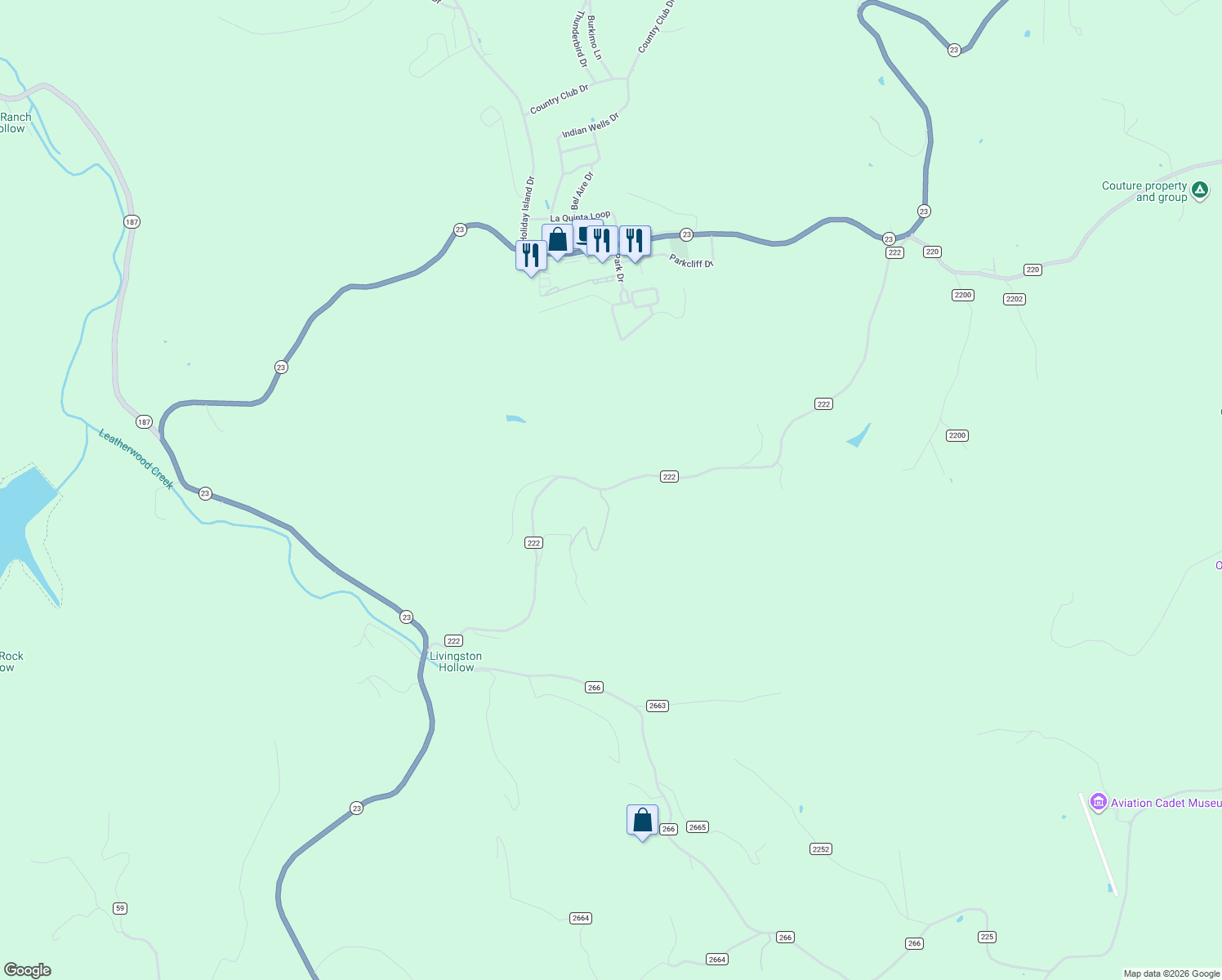 map of restaurants, bars, coffee shops, grocery stores, and more near County Road 222 in Eureka Springs