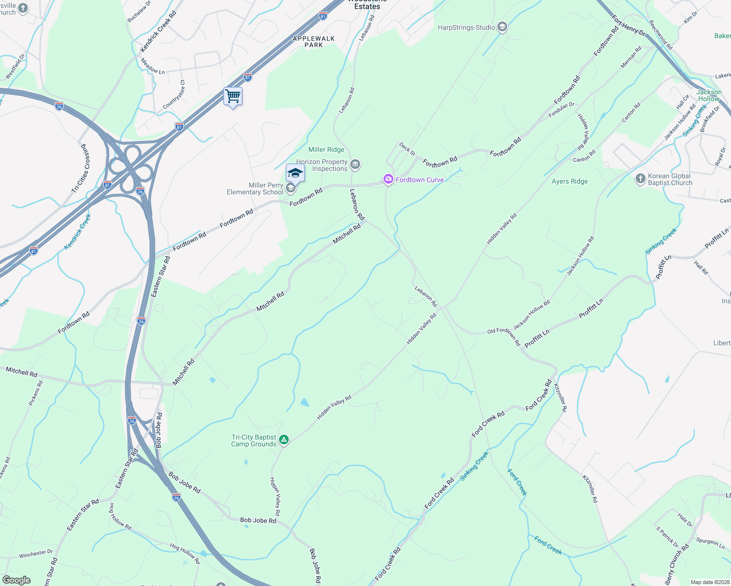 map of restaurants, bars, coffee shops, grocery stores, and more near 132 Winterbrook Drive in Kingsport