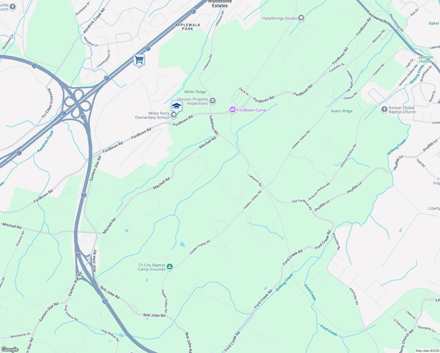 map of restaurants, bars, coffee shops, grocery stores, and more near 132 Winterbrook Drive in Kingsport