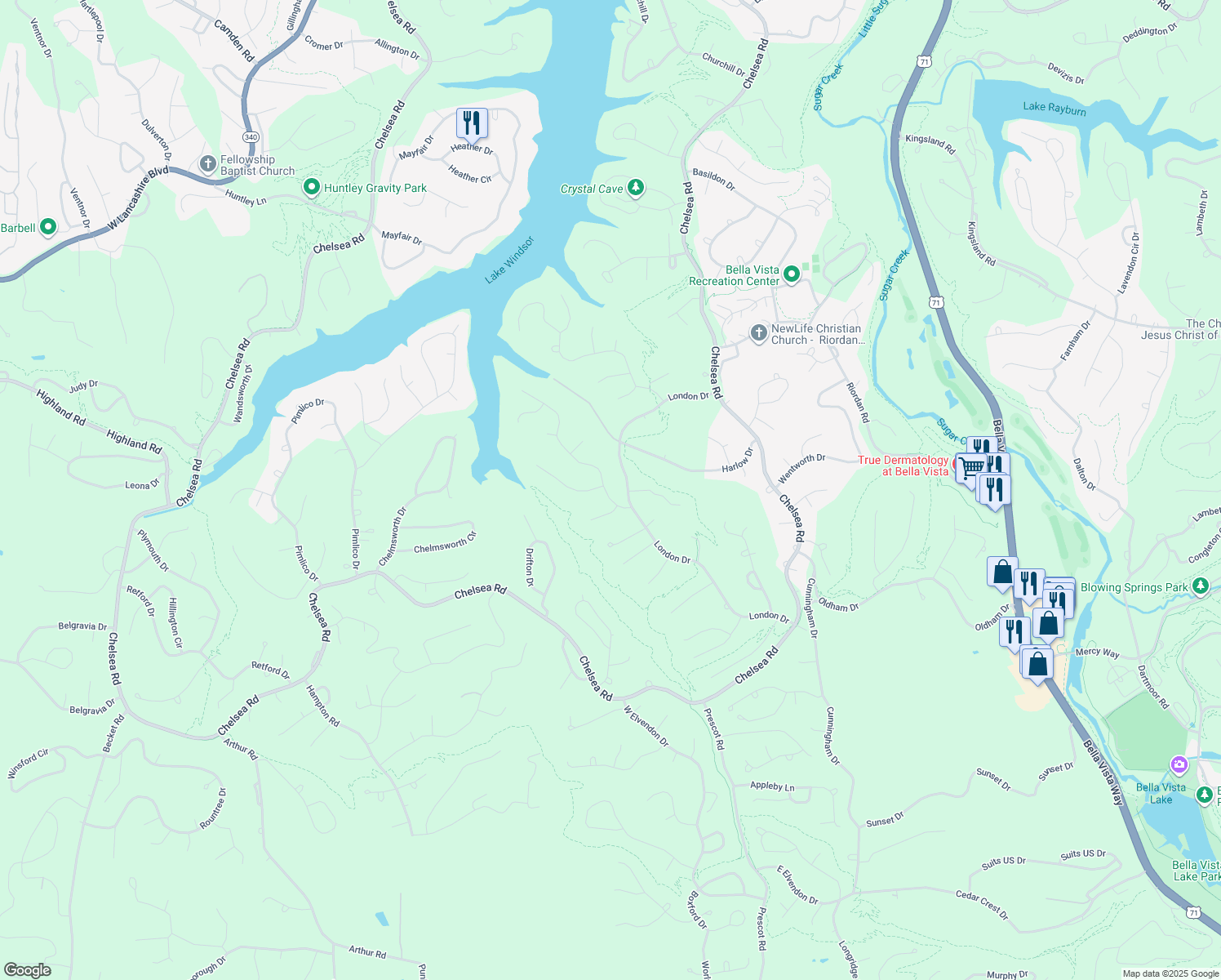 map of restaurants, bars, coffee shops, grocery stores, and more near 7 Dunsford Drive in Bella Vista