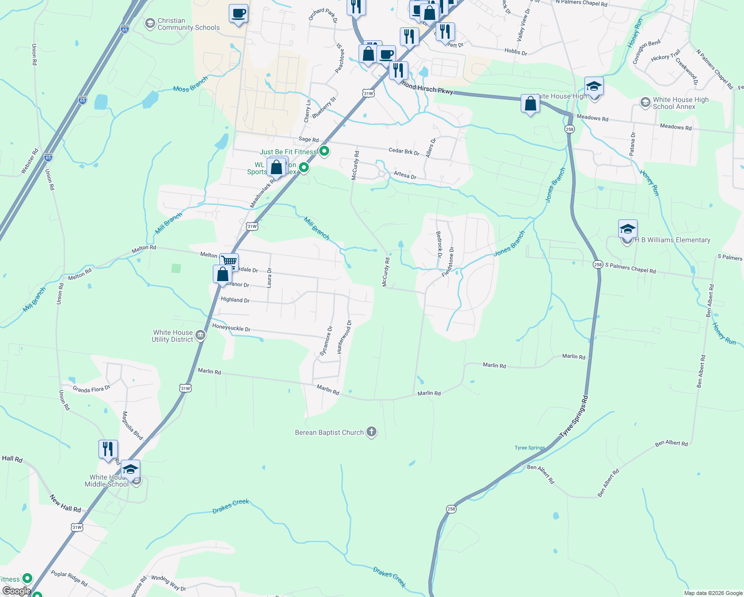 map of restaurants, bars, coffee shops, grocery stores, and more near 902 Highland Dr in White House