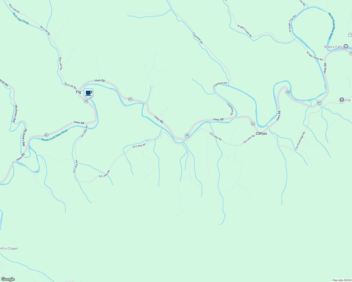 map of restaurants, bars, coffee shops, grocery stores, and more near Jake Roland Road in Ashe County