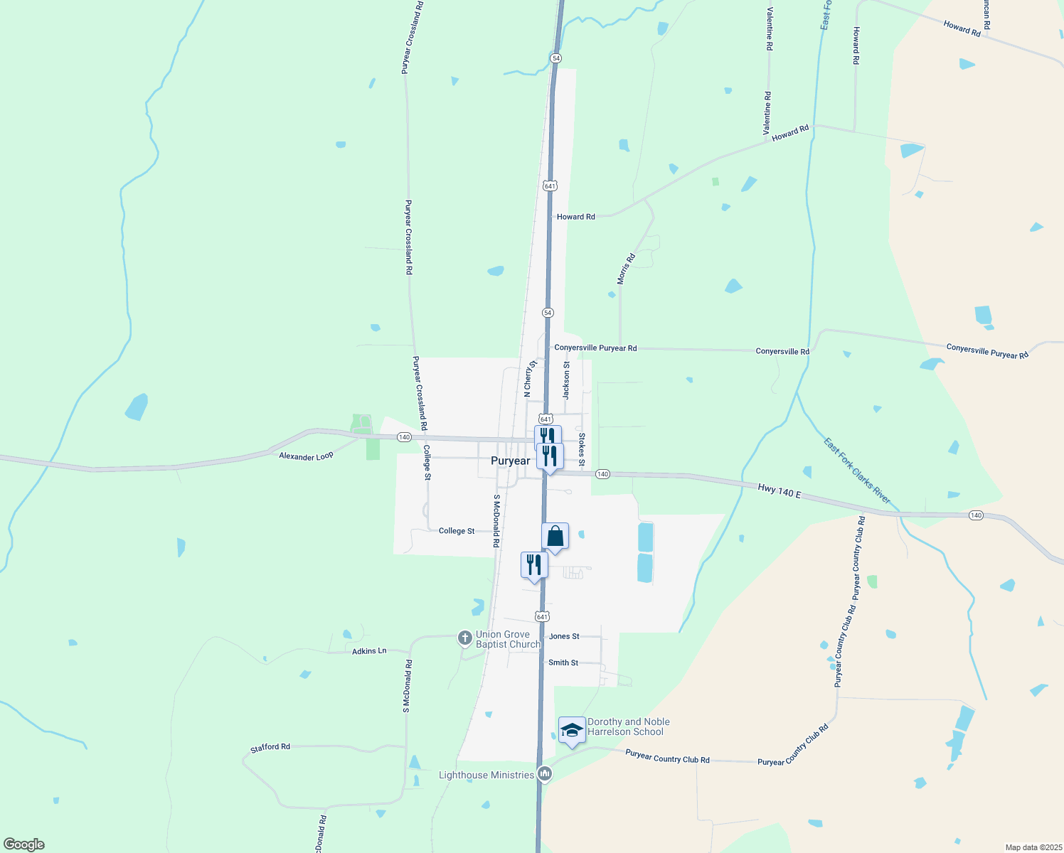 map of restaurants, bars, coffee shops, grocery stores, and more near 210 N Cherry St in Puryear