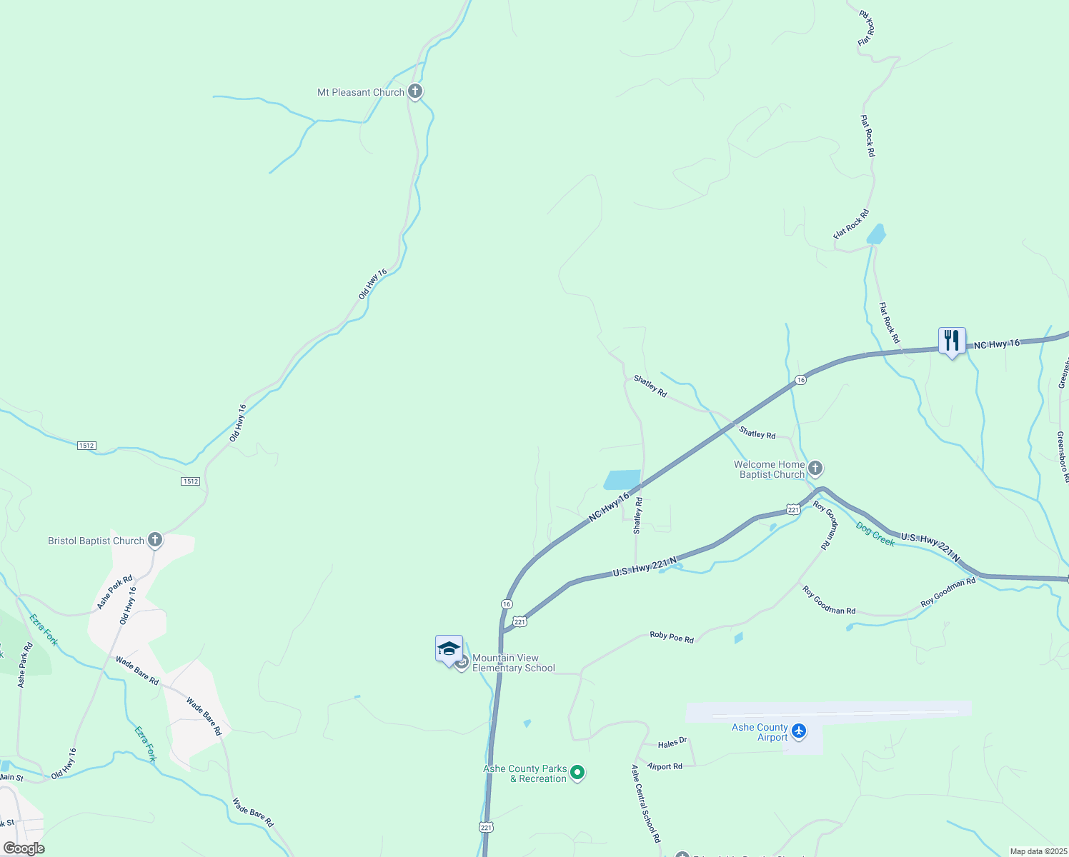map of restaurants, bars, coffee shops, grocery stores, and more near Old Fraser Ridge in Ashe County