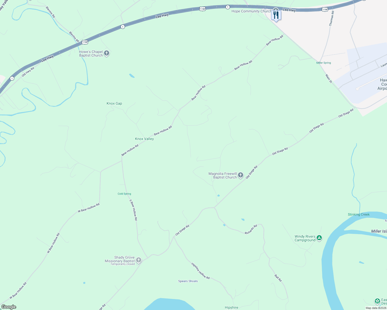 map of restaurants, bars, coffee shops, grocery stores, and more near 281 Willis Road in Rogersville