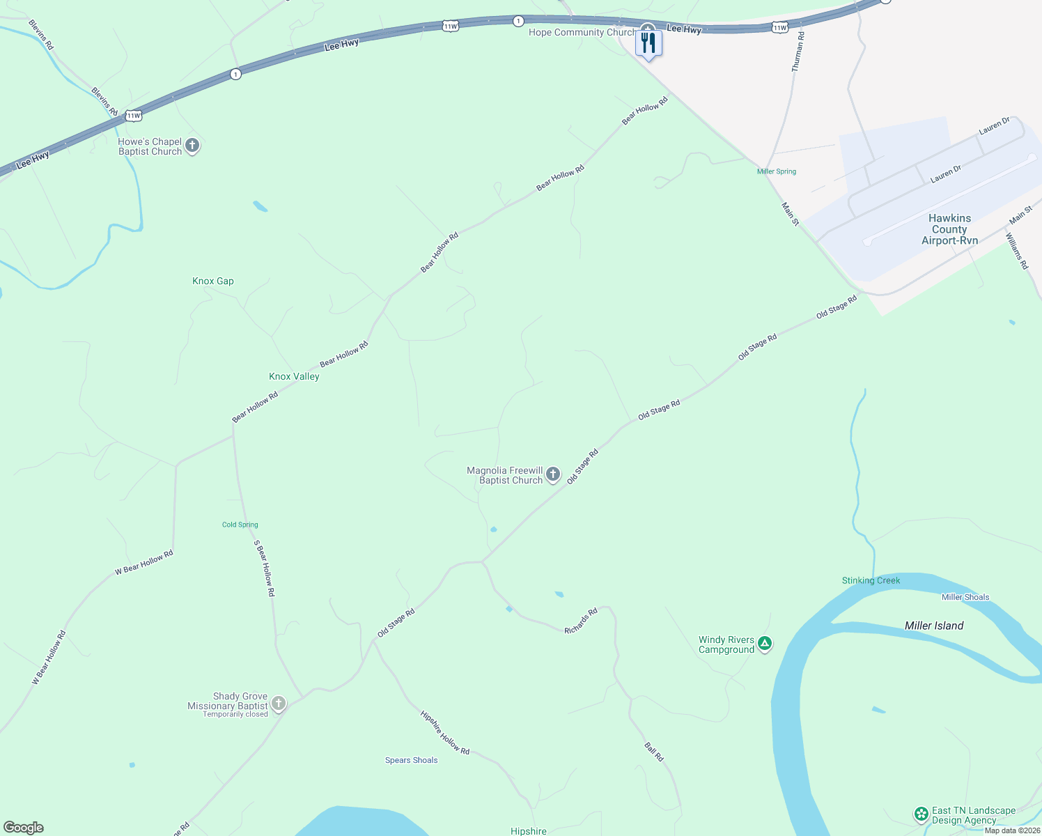 map of restaurants, bars, coffee shops, grocery stores, and more near 272 Magnolia Road in Rogersville