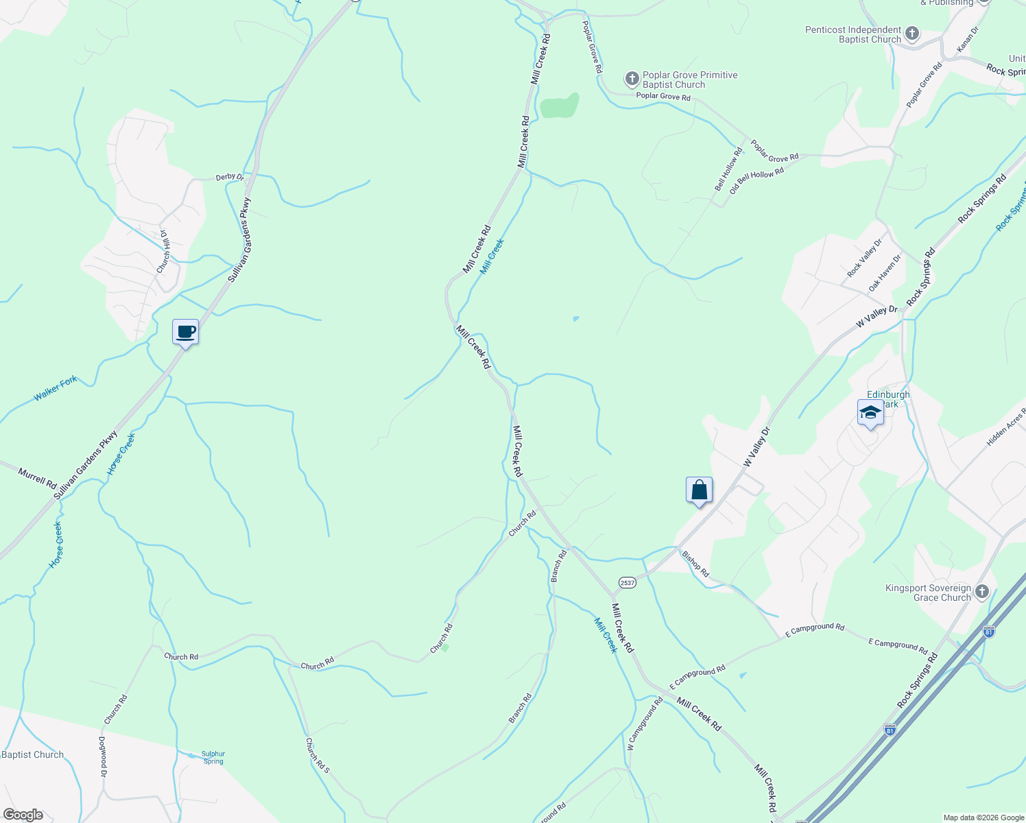 map of restaurants, bars, coffee shops, grocery stores, and more near 1011 Mill Creek Road in Kingsport