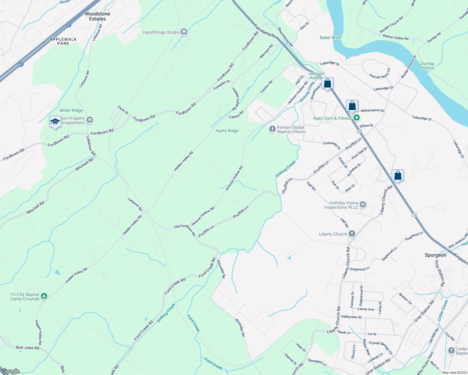 map of restaurants, bars, coffee shops, grocery stores, and more near 1701 Jackson Hollow Road in Kingsport