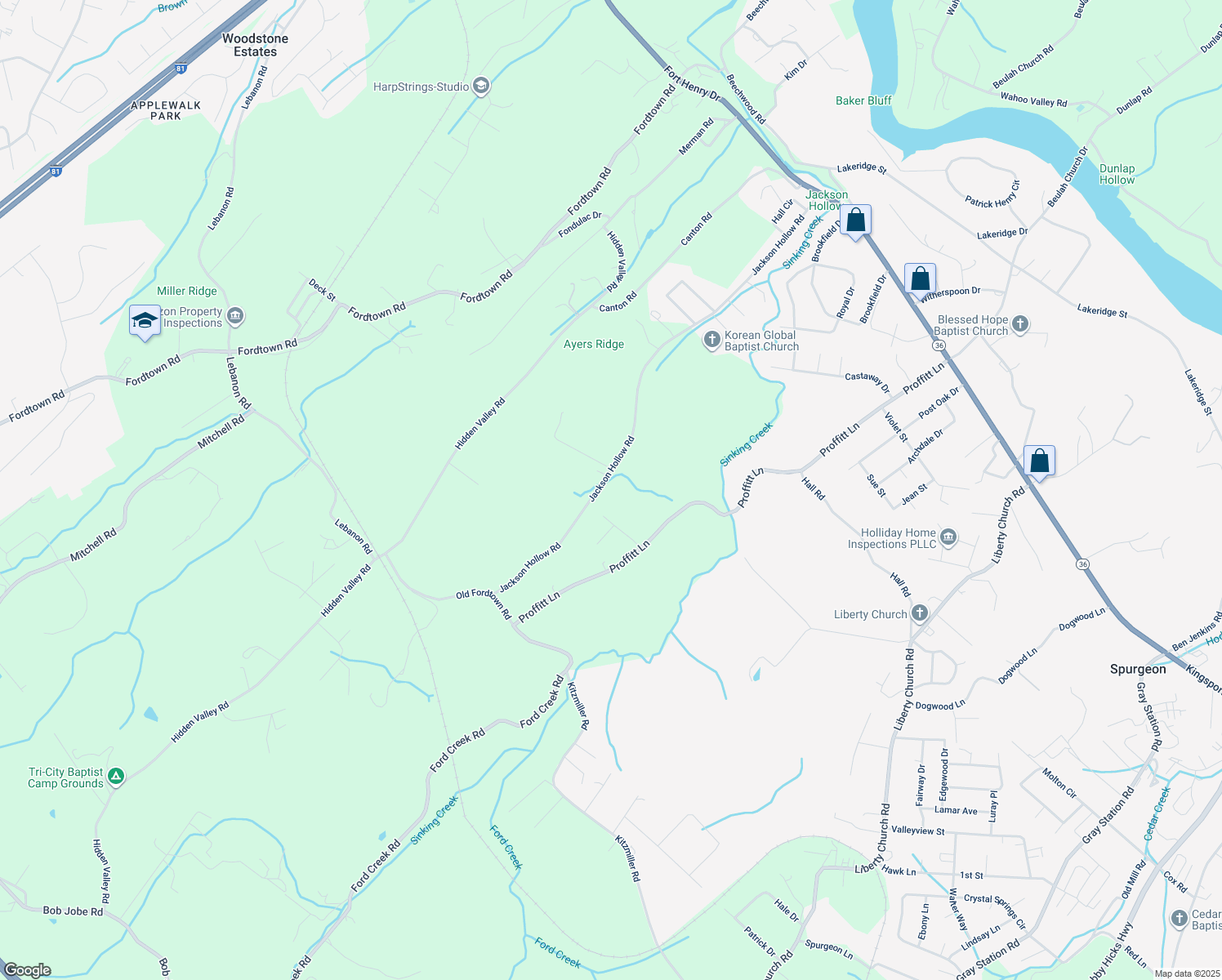 map of restaurants, bars, coffee shops, grocery stores, and more near 1701 Jackson Hollow Road in Kingsport