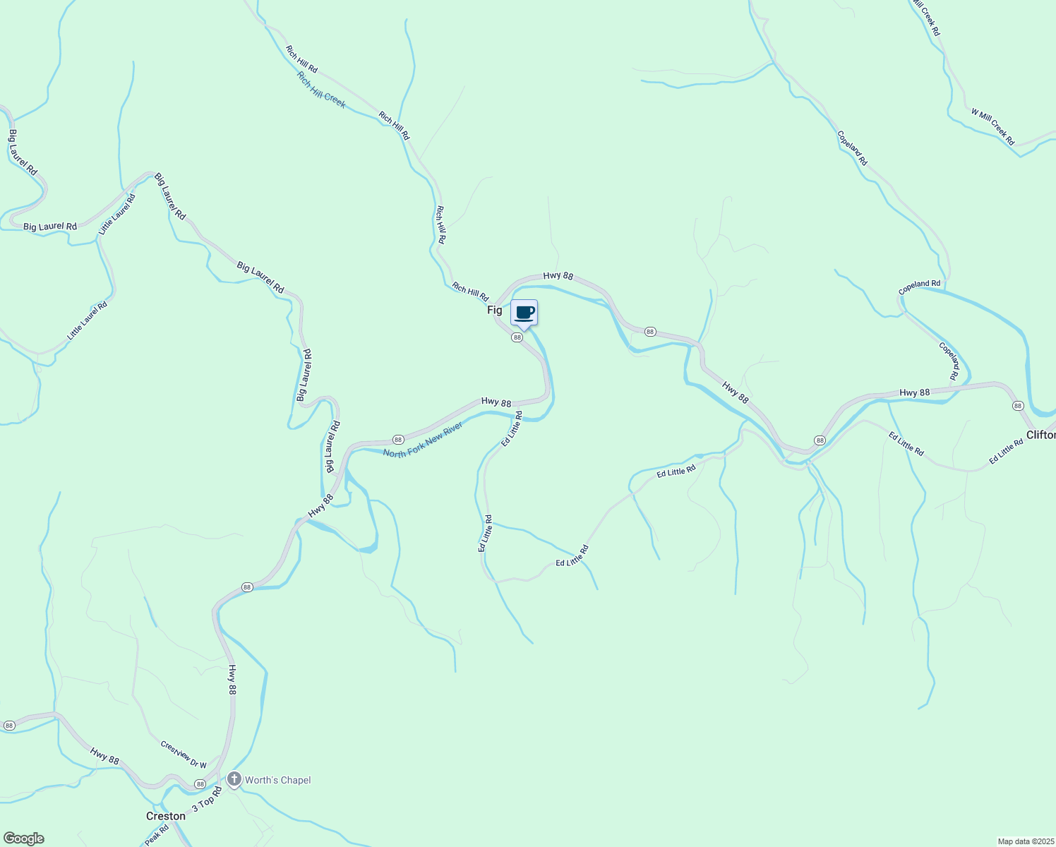 map of restaurants, bars, coffee shops, grocery stores, and more near 2798 Ed Little Road in Creston