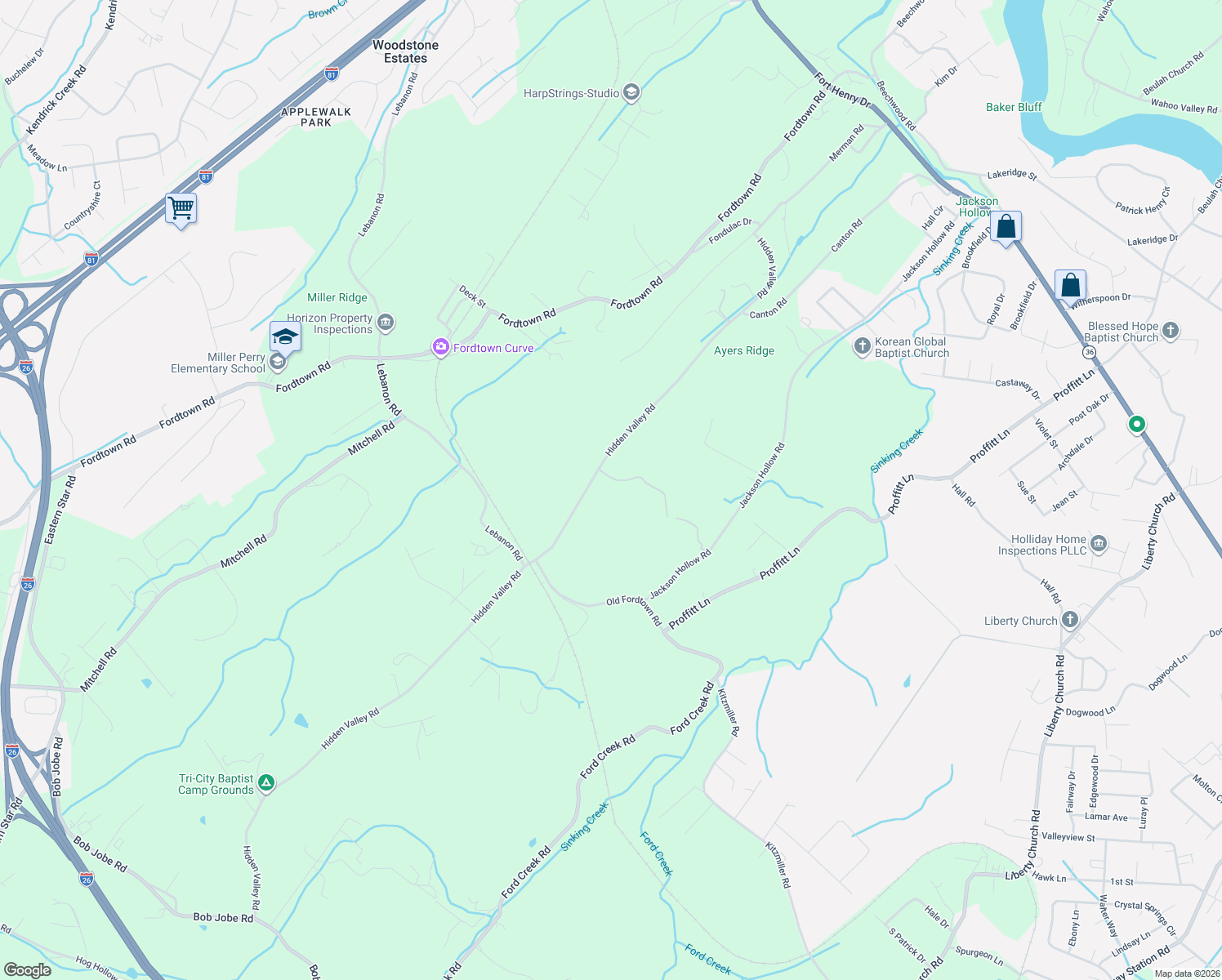 map of restaurants, bars, coffee shops, grocery stores, and more near 513 Hidden Valley Road in Kingsport