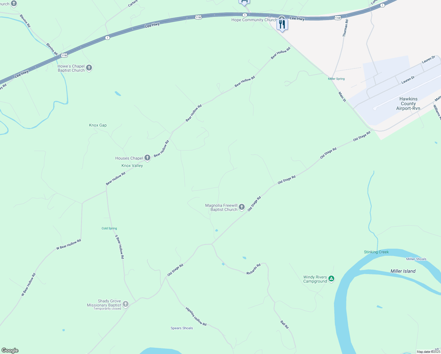 map of restaurants, bars, coffee shops, grocery stores, and more near 272 Magnolia Road in Rogersville