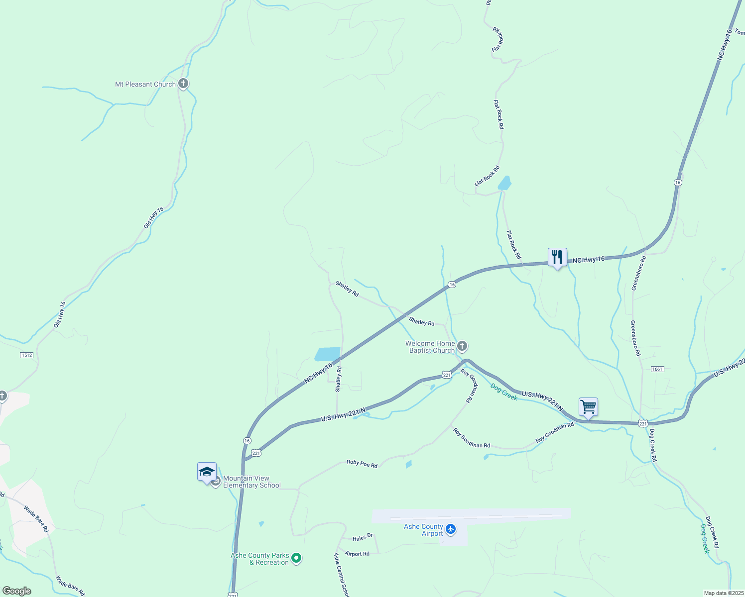map of restaurants, bars, coffee shops, grocery stores, and more near 1069 Shatley Road in Crumpler