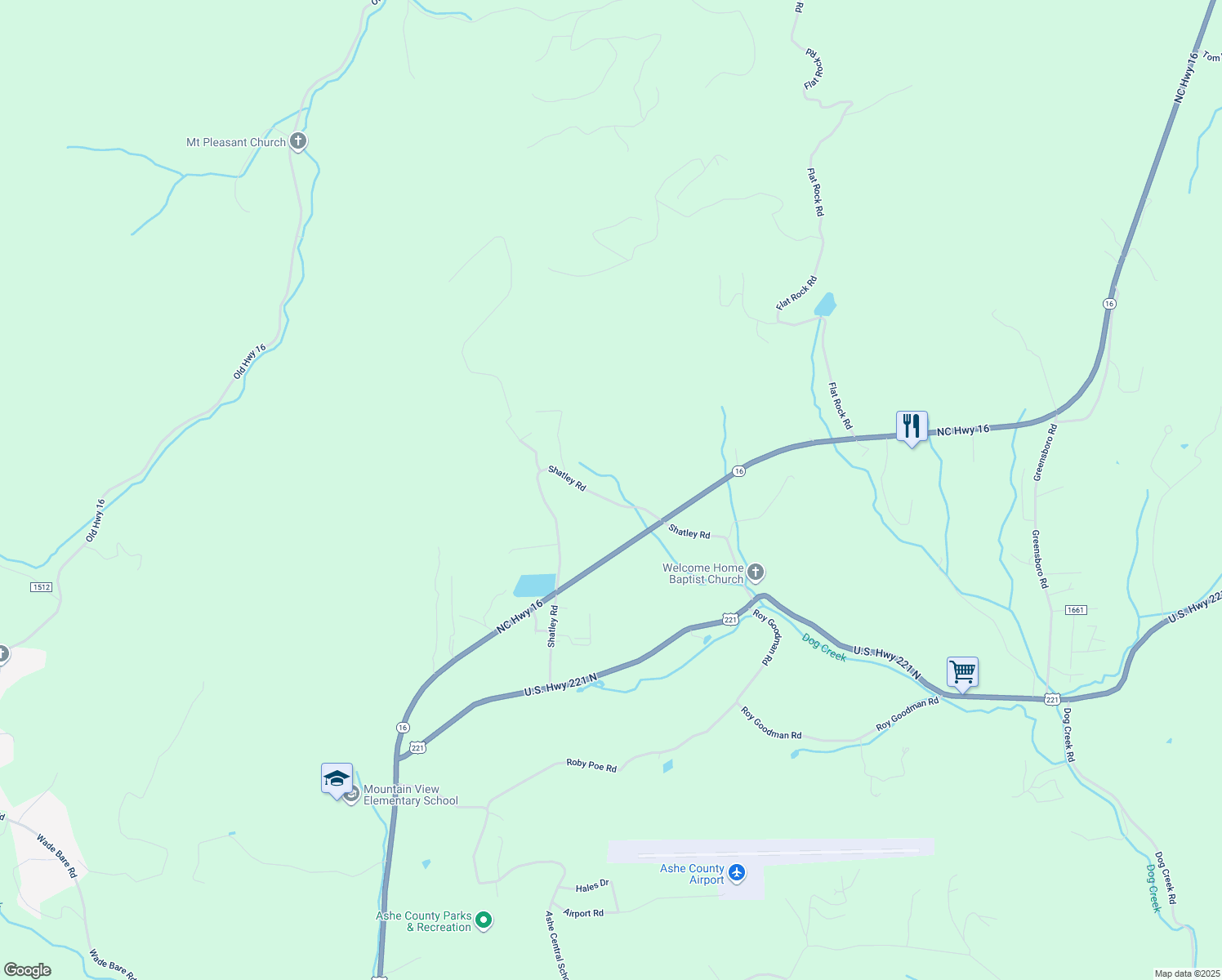 map of restaurants, bars, coffee shops, grocery stores, and more near 1069 Shatley Road in Crumpler