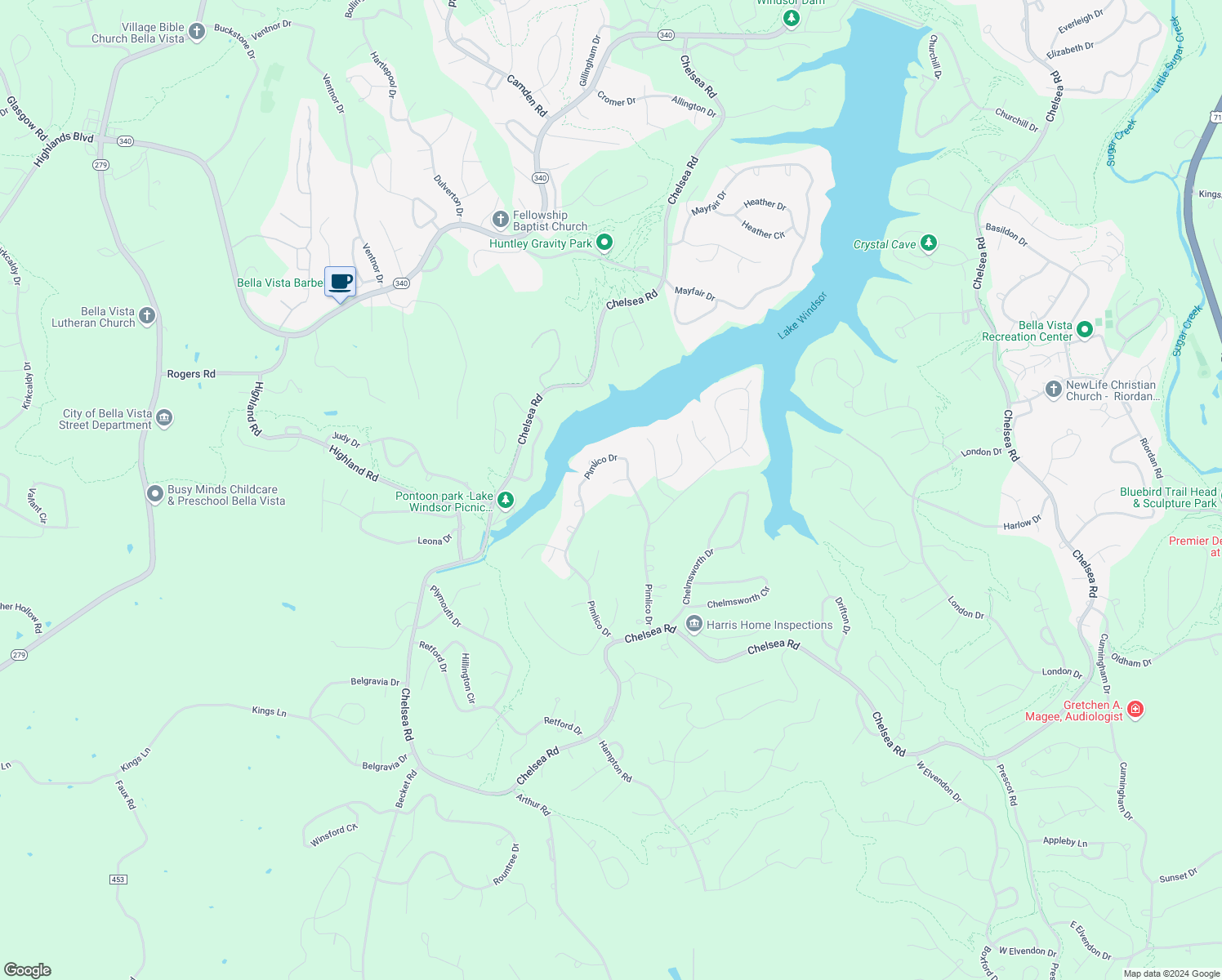 map of restaurants, bars, coffee shops, grocery stores, and more near 5 Wreston Lane in Bella Vista