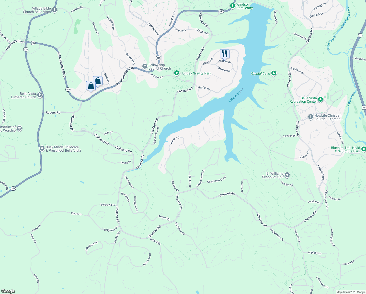 map of restaurants, bars, coffee shops, grocery stores, and more near 73 Pimlico Drive in Bella Vista