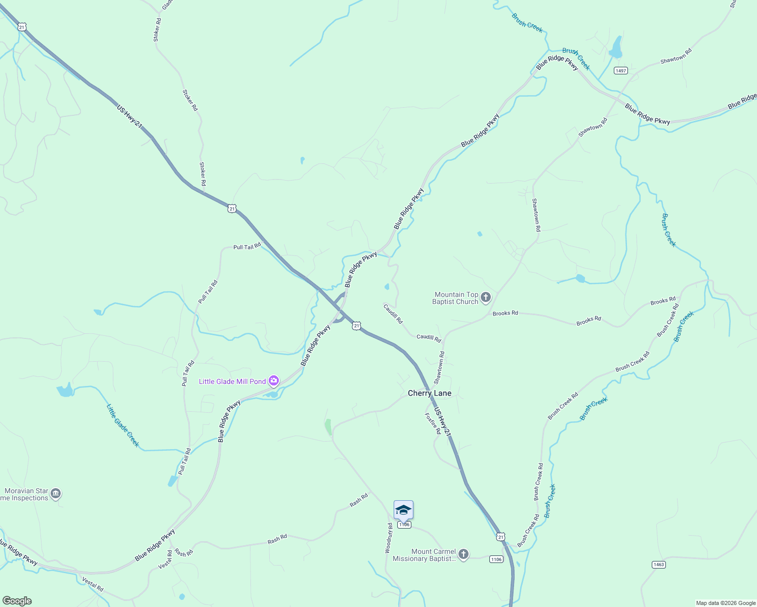 map of restaurants, bars, coffee shops, grocery stores, and more near 365 Caudill Road in Glade Valley