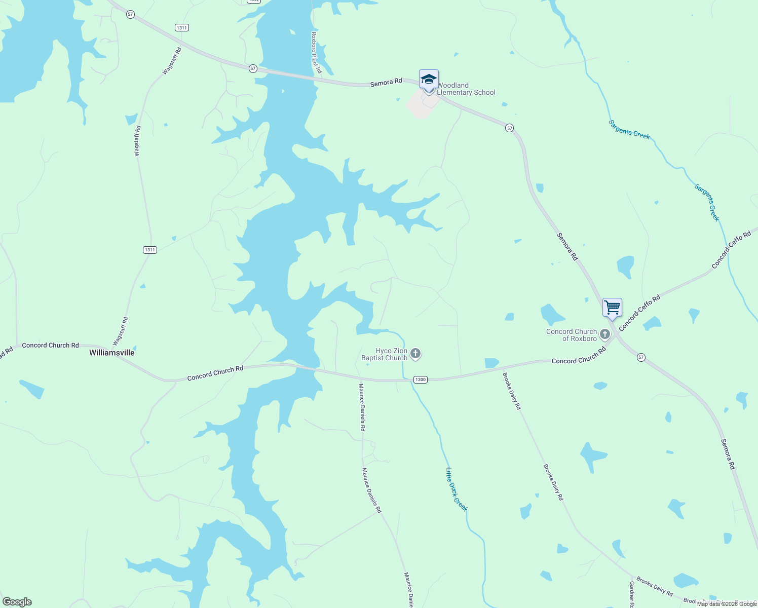 map of restaurants, bars, coffee shops, grocery stores, and more near 152 Duke Lane in Roxboro
