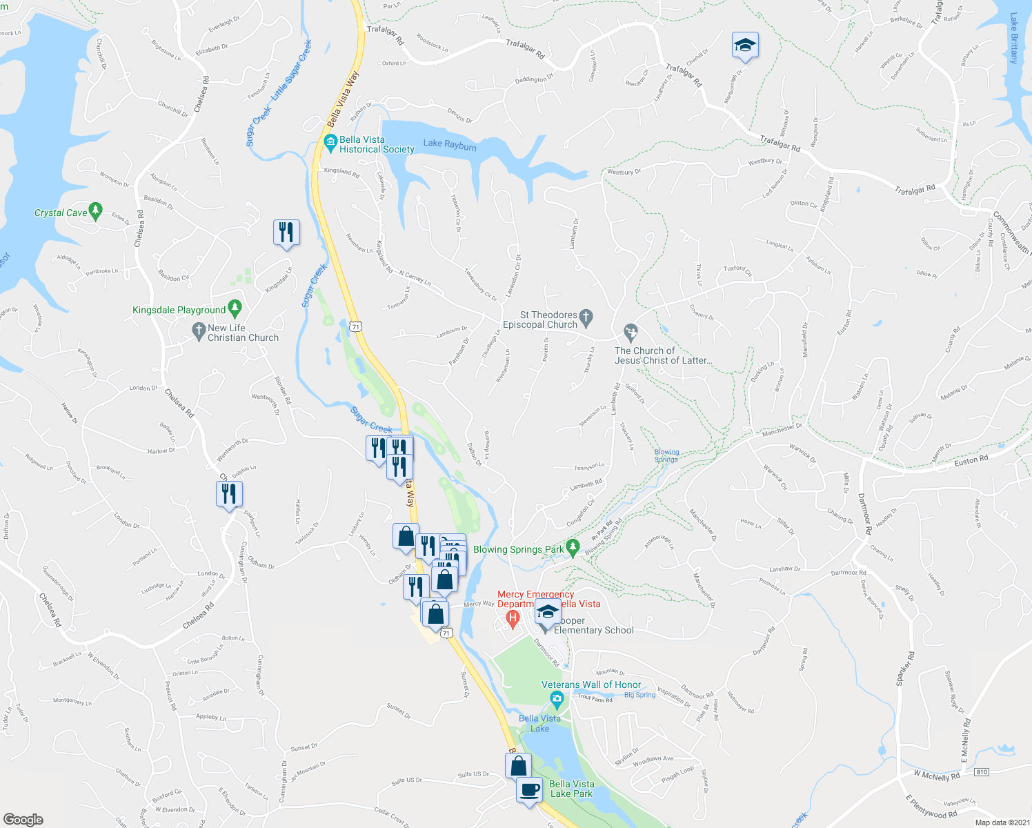 map of restaurants, bars, coffee shops, grocery stores, and more near 24 Penrith Drive in Bella Vista