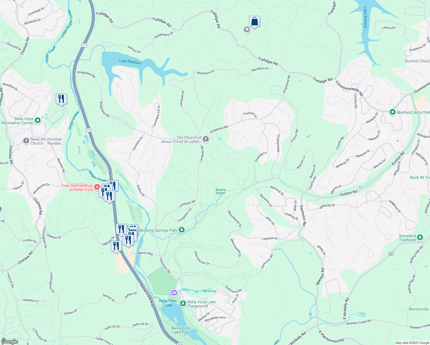 map of restaurants, bars, coffee shops, grocery stores, and more near 2 Ansty Lane in Bella Vista