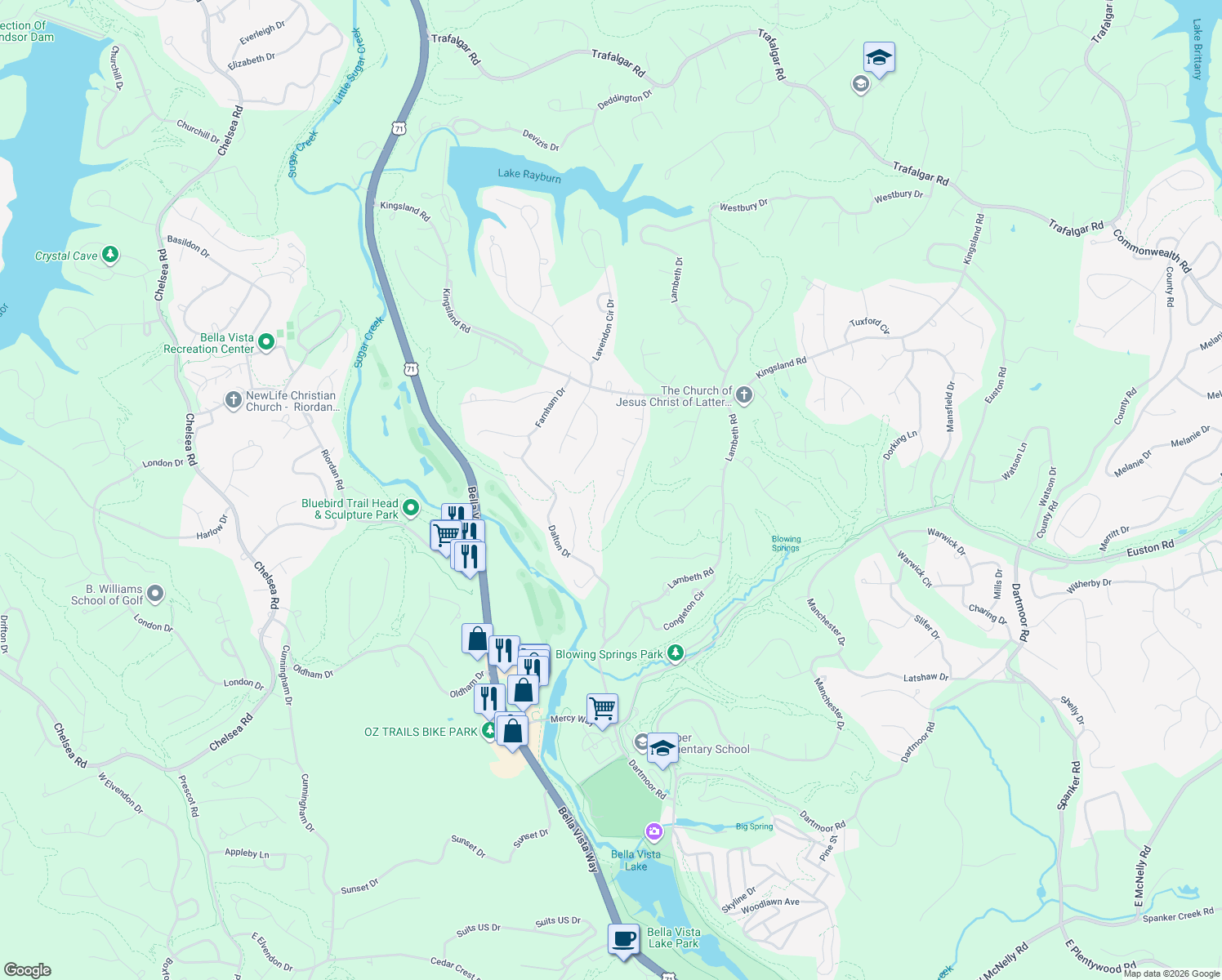 map of restaurants, bars, coffee shops, grocery stores, and more near 20 Penrith Drive in Bella Vista