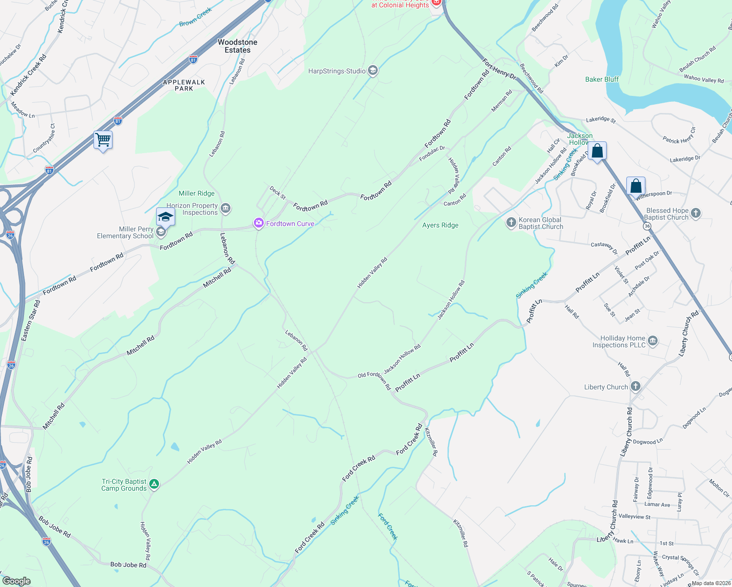 map of restaurants, bars, coffee shops, grocery stores, and more near 429 Hidden Valley Road in Kingsport