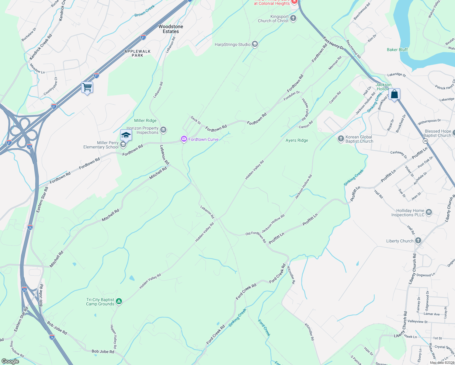 map of restaurants, bars, coffee shops, grocery stores, and more near 512 Hidden Valley Road in Kingsport