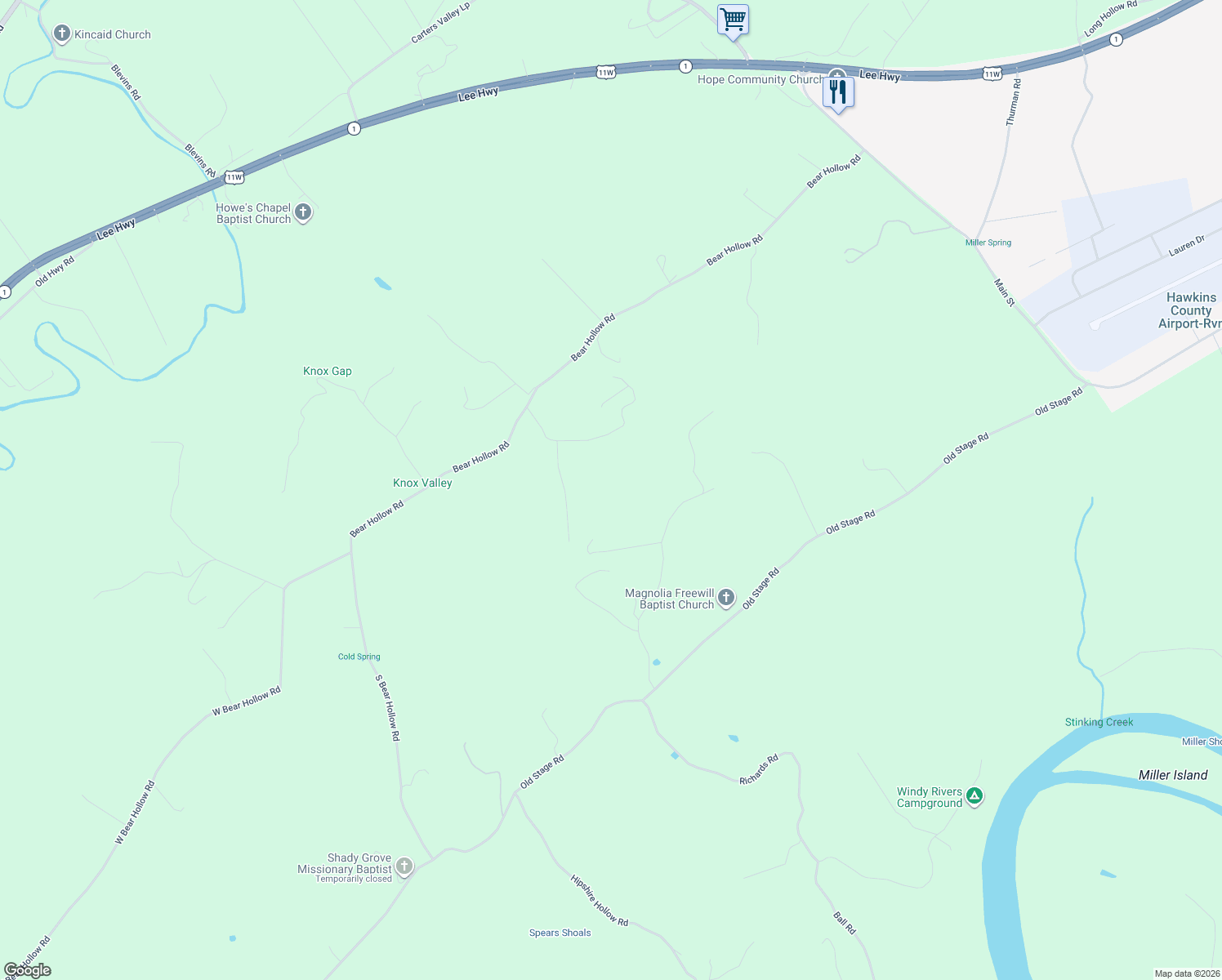 map of restaurants, bars, coffee shops, grocery stores, and more near 331 Willis Road in Rogersville