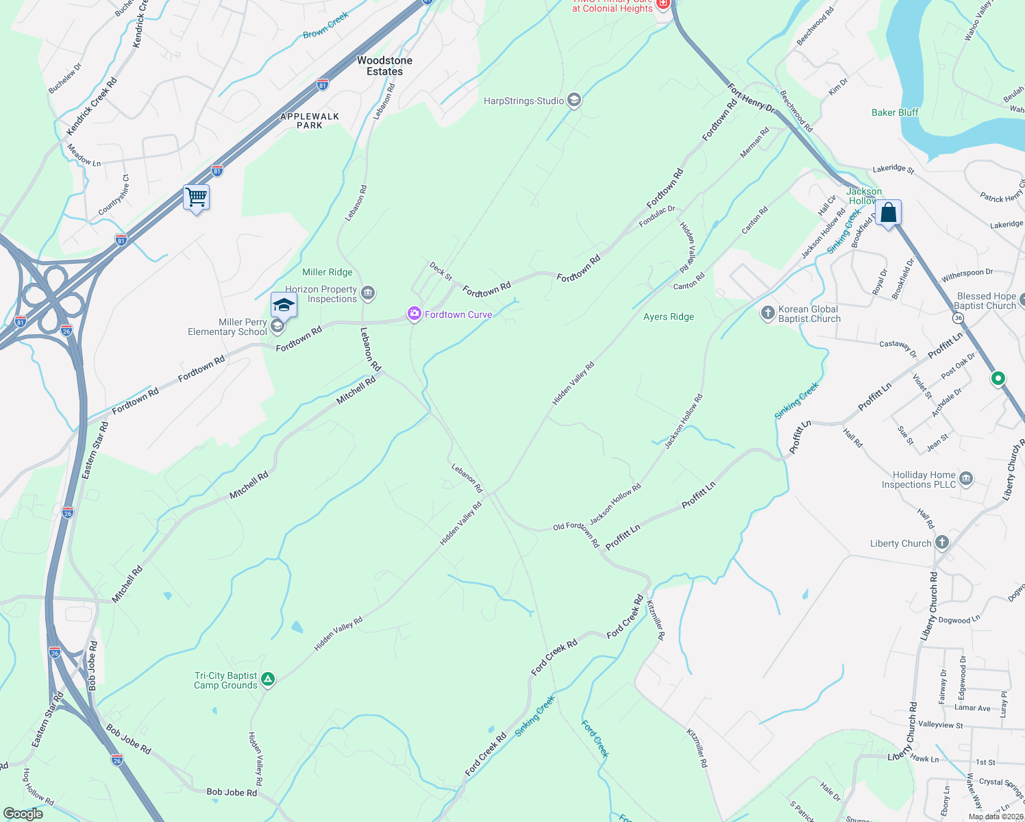 map of restaurants, bars, coffee shops, grocery stores, and more near 512 Hidden Valley Road in Kingsport