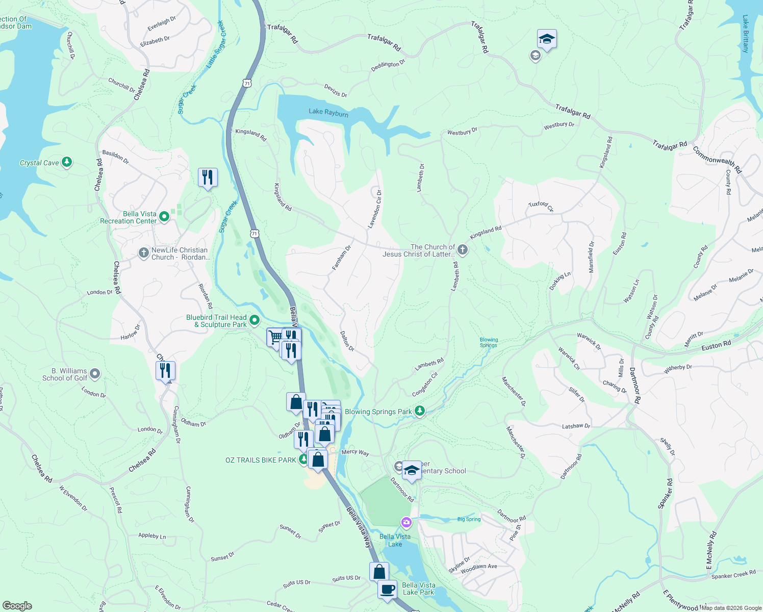 map of restaurants, bars, coffee shops, grocery stores, and more near 20 Penrith Drive in Bella Vista