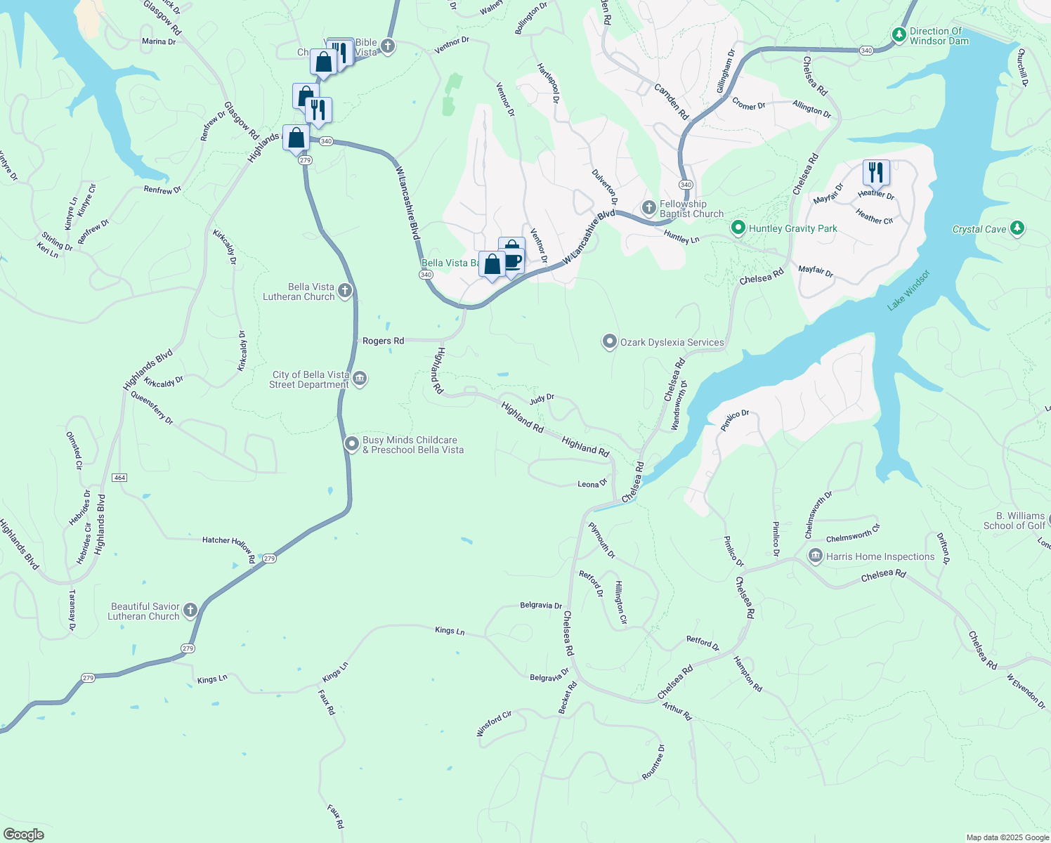 map of restaurants, bars, coffee shops, grocery stores, and more near Highland Road in Bella Vista