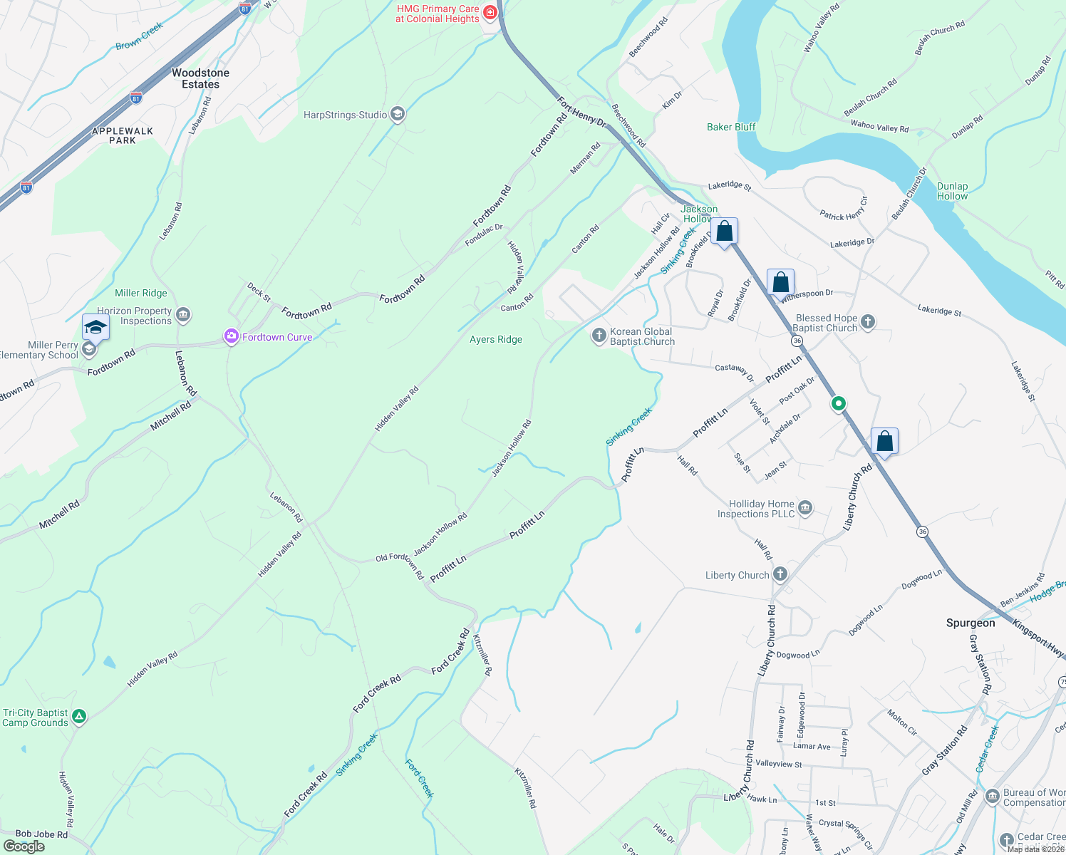map of restaurants, bars, coffee shops, grocery stores, and more near 1621 Jackson Hollow Road in Kingsport