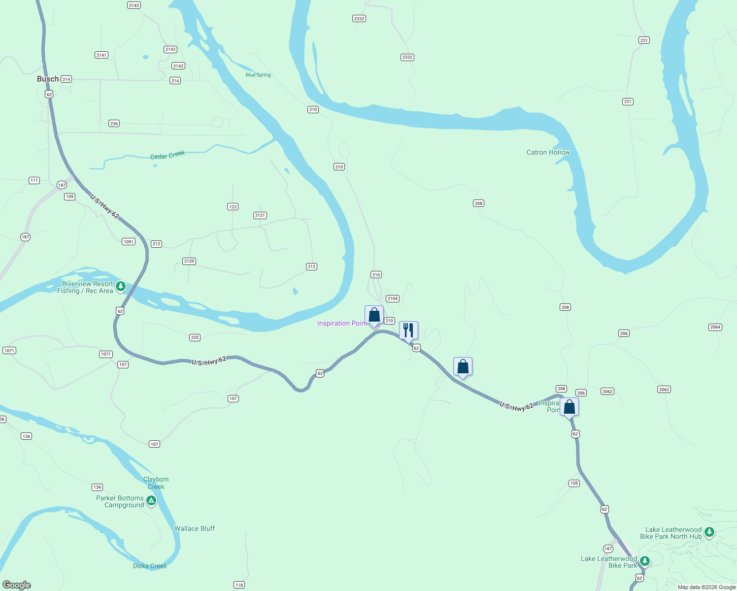 map of restaurants, bars, coffee shops, grocery stores, and more near 155 County Road 210 in Eureka Springs