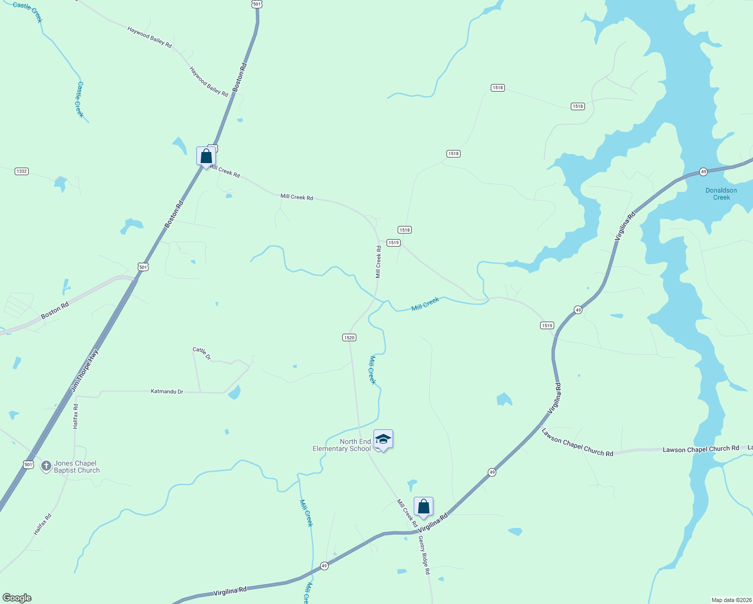 map of restaurants, bars, coffee shops, grocery stores, and more near 1248 Mill Creek Road in Roxboro