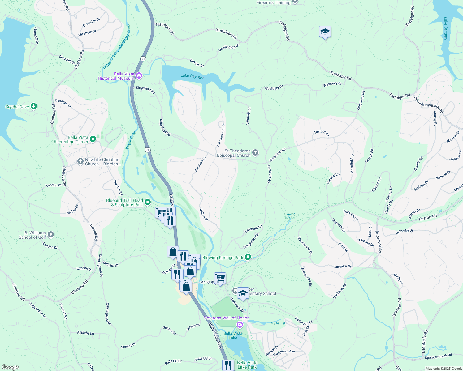map of restaurants, bars, coffee shops, grocery stores, and more near 19 Penrith Drive in Bella Vista